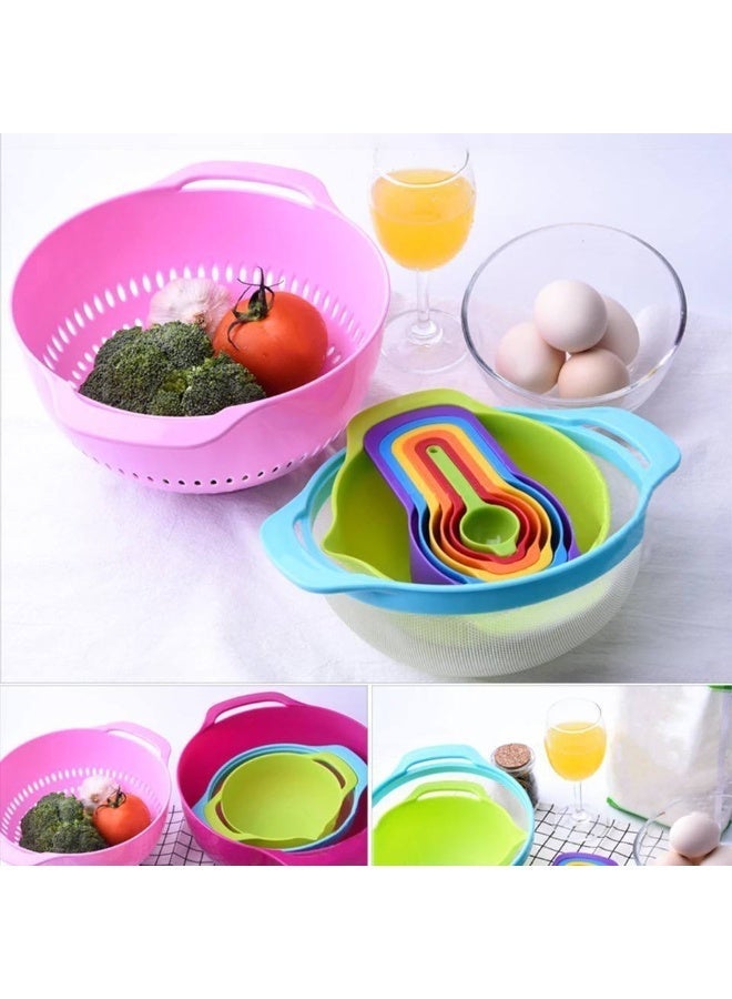 طقم أوعية خلط مكون من 10 قطع، أوعية مطبخ ملونة، مصفاة شبكية بمقابض، أكواب وملاعق قياس قابلة للتكديس، أوعية بلاستيكية متداخلة مع صنبور سهل الصب للطبخ في المطبخ - Image 5